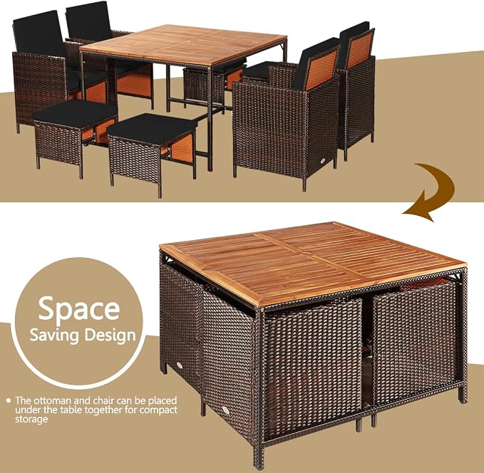 RELAX4LIFE 9-Piece Outdoor Dining Set - Wicker Rattan Patio Furniture w/Acacia Wood Tabletop, Soft Seat & Back Cushions, Dining Table & Chair Set for Backyard, Poolside (Black)