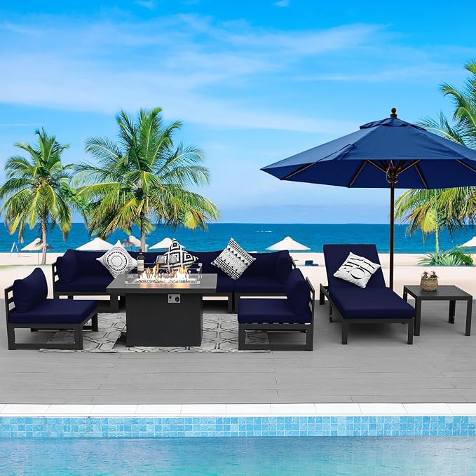 BULEXYARD 9 Pcs Oversized Contemporary Aluminum Patio Furniture Set, All Weather Modular Sectional Sofa with Tanning Chair & Fireplace, 500 lbs Heavy Duty Comfy Outdoor Couch for Beach Deck, Navy Blue