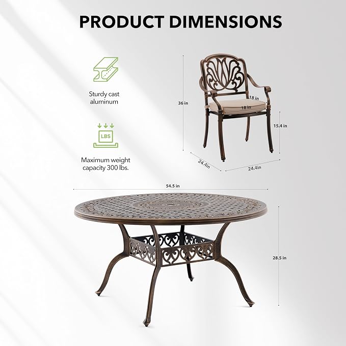 7-Piece Cast Aluminum Outdoor Table and Chairs, Classic Vintage Patio Dining Set for 6 Include 54.5" Round Dining Table and 6 Chairs with Removable Cushion and Umbrella Hole