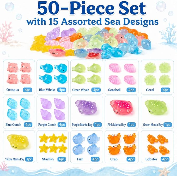 50Pcs Mini Resin Sea Animals Figurines, Tiny Ocean Figures Variety Pack, Small Luminous Bulk Glow in the Dark, Miniature Sea Creatures for Crafts Tank Aquarium Garden Mini Landscaping Decor