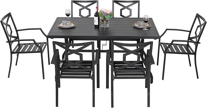 NUU GARDEN 7 Piece Outdoor Dining Set, 61” Rectangular Metal Dining Table with Umbrella Hole, Stackable Dining Chairs for Backyard, Deck, Yard, Garden, Black