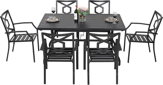 NUU GARDEN 7 Piece Outdoor Dining Set, 61” Rectangular Metal Dining Table with Umbrella Hole, Stackable Dining Chairs for Backyard, Deck, Yard, Garden, Black