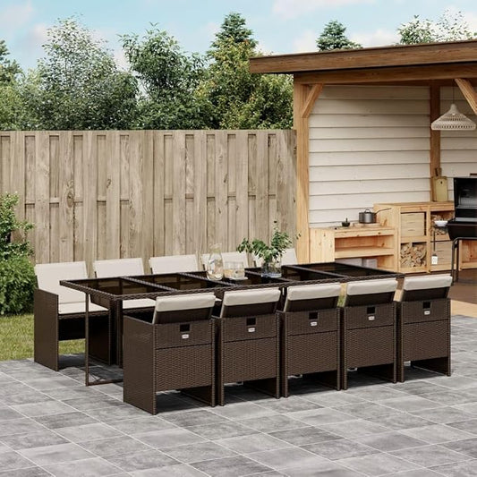11-Piece Outdoor Dining Set, Patio Furniture Table and 10 Chairs, Space-Saving Cube Garden Rattan Seating with Cushions, Brown