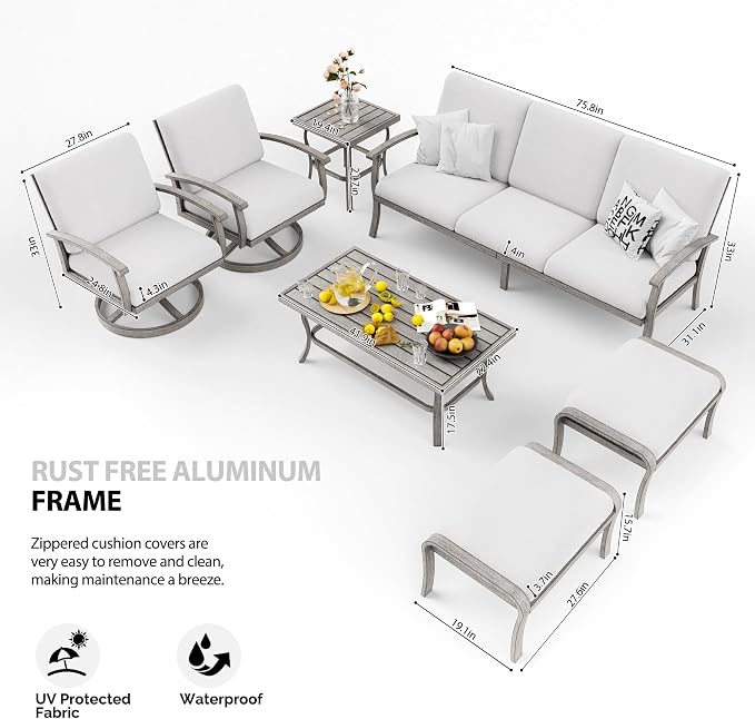 HAPPATIO 7 Piece Aluminum Patio Furniture Set, 3-Seat Outdoor Ottoman and Swivel Armchair, Outdoor Sectional Sofa with Side Table and Coffee Table, Garden Conversation Set for Lawn(Gray)