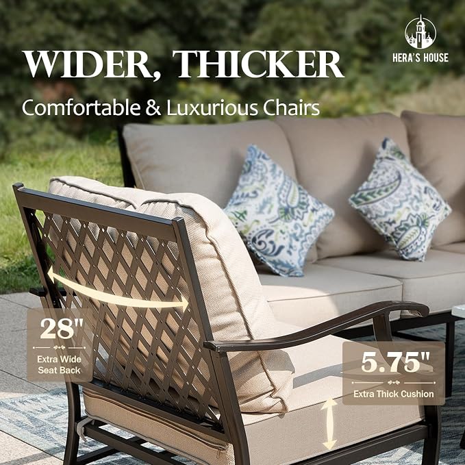 HERA'S HOUSE 4 Piece Patio Furniture Set, 2 x Rocking Metal Frame Cushioned Chair, 3-Seat Sofa with Marbling Coffee Table, All Weather Outdoor Conversation Set for Lawn Garden Backyard