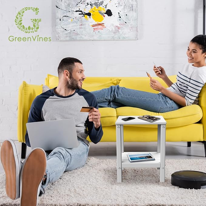 GREENVINES Adirondack-Outdoor-Side-Table | 14 x 13 Inches | HDPE Plastic | All Weather | White | Outside End Tables | Storage Shelf | for Patio Porch Backyard Indoor