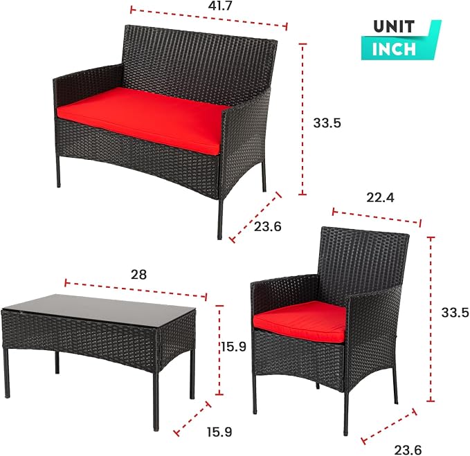PayLessHere Outdoor Furniture Set 4Pc Modular Patio Furniture Set Water Resistant Conversation Set with 3 Rattan Chairs 1 Tempered Glass Topped Table Seat Cushions for Patio Balcony Poolside, Red