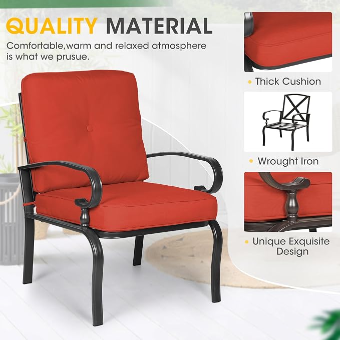 Incbruce 5 Pcs(6 Seats) Outdoor Metal Furniture Sets Wrought Iron Patio Conversation Sets, (Glider, 2 Single Chairs, Loveseat, and Coffee Table) with Cushion (Red)