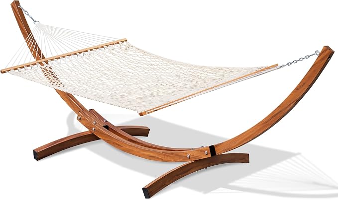 Lazy Daze Hammocks Double Rope Hammock with 13 FT Curved Steel Heavy Duty Stand for Outside, Backyard, Patio, 450 Lbs Capacity, Natural