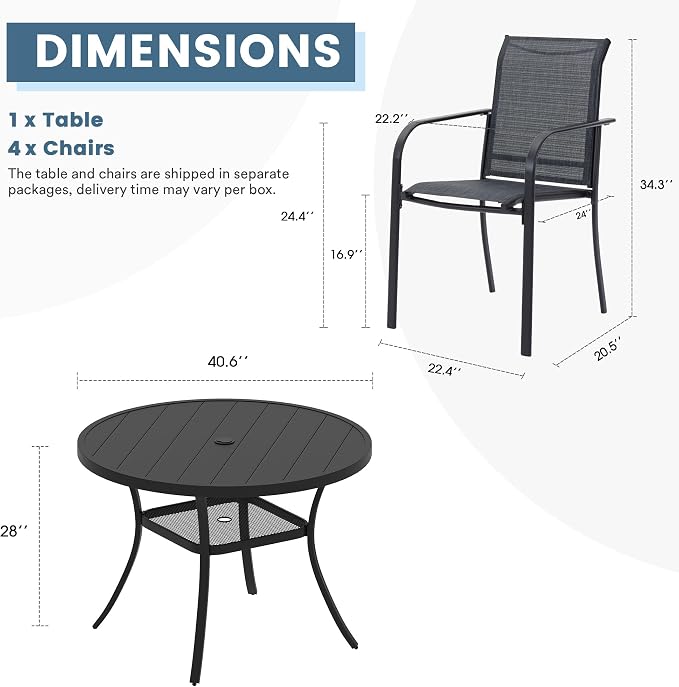 DIFY Outdoor Dining Set for 4, Patio Dining Furniture Set Includes 42" Black Round Table with Adjustable Umbrella Hole and 4 Grey Stackable Metal Chairs for Poolside, Garden, Backyard