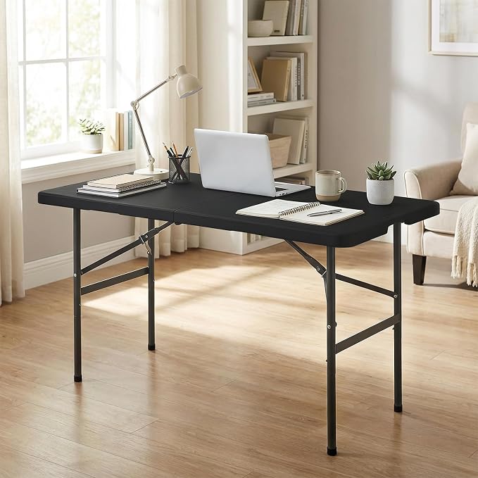 Folding Event Table, Heavy Duty Picnic Table Indoor Outdoor Camping, 4FT Portable w Handle Lock for Banquet, Black