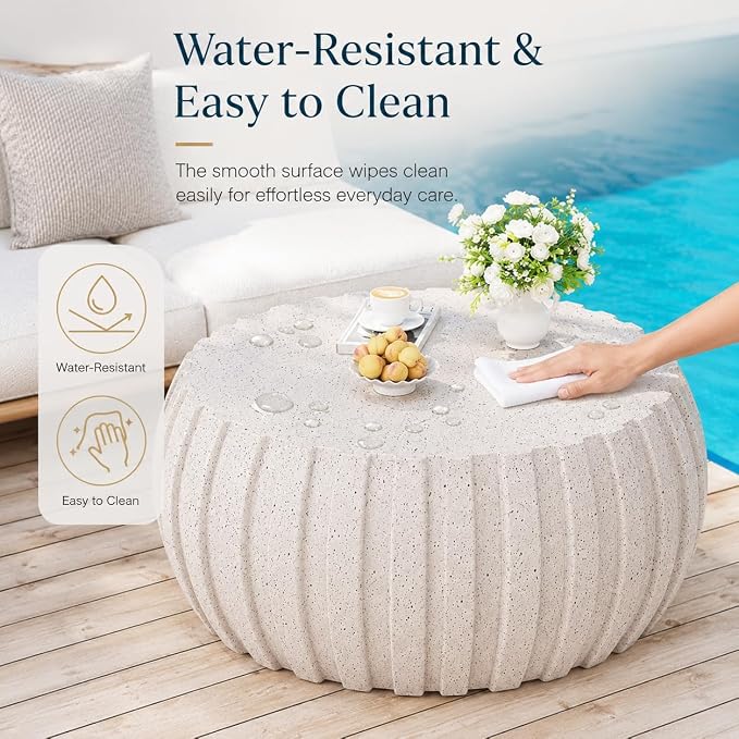 35.43" Concrete Outdoor Table,Modern Round Stone Coffee Table,Waterproof Outdoor Coffee Table for Patio for Terraces, Gardens, Backyards and Living Rooms (White, 35.43")