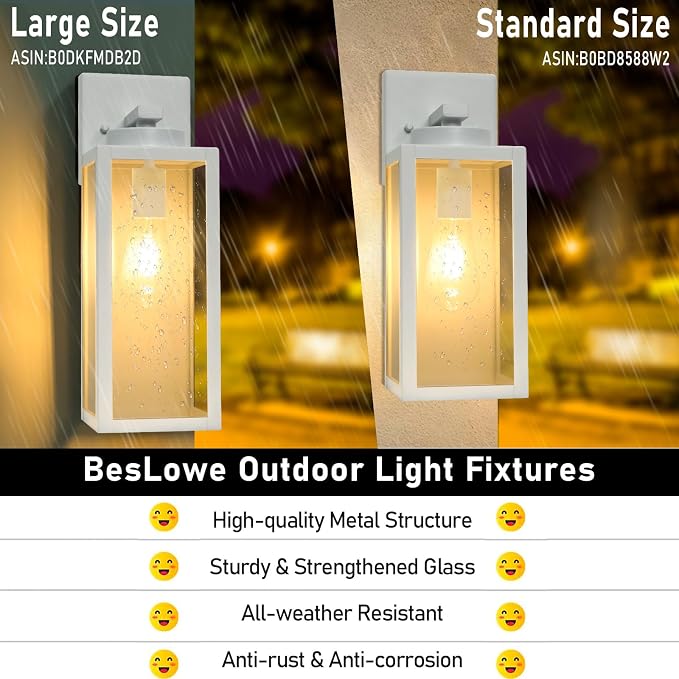BesLowe 15’’ Large Outdoor Wall Lights, Modern White Exterior Wall Lanterns | Waterproof Metal Construction, Rust-resistant, Quick & Easy Installation, Clear Glass Shades & Standard E26 Socket