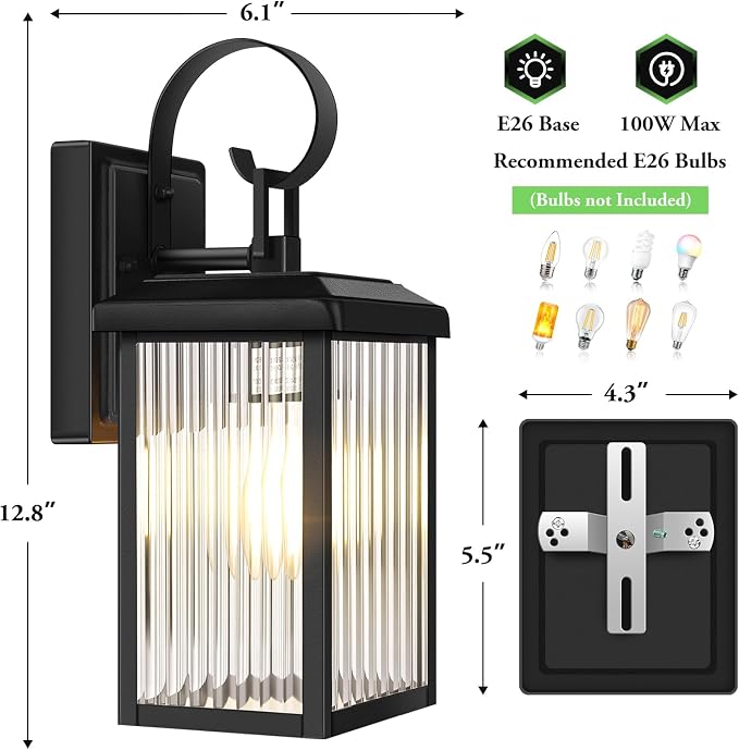 BesLowe 2-Pack Outdoor Wall Light Fixtures with Fluted Glass, Black | Waterproof, Rust-Resistant, Durable Metal, Standard E26 Socket, Easy to Install