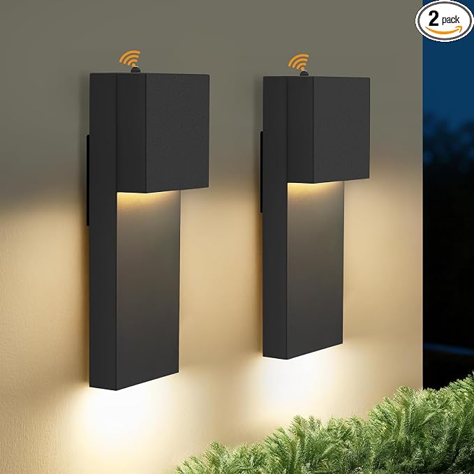15'' Modern LED Outdoor Wall Sconce, Black Dusk to Dawn Wall Lights | Auto ON-OFF, Waterproof Exterior House Lights, Hardwired Front Porch Light Fixtures, Metal, 3000K, 2 Pack, Easy to Install