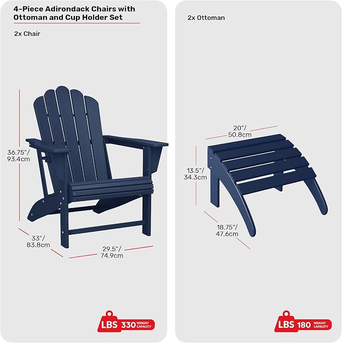Costaelm Lakeview 4-Piece Outdoor Patio HDPE Adirondack Chairs with Ottomans and Cup Holder Set, Navy Blue