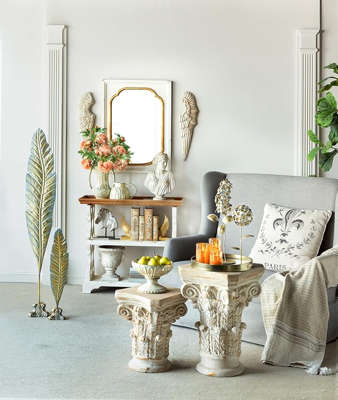 Small Side Table for Living Room, Farmhouse Rustic French Country MGO Pedestal Stand Ornate with Scrollwork Design and Gold Accents, Square Distressed Display Stand White 16x16x24.5