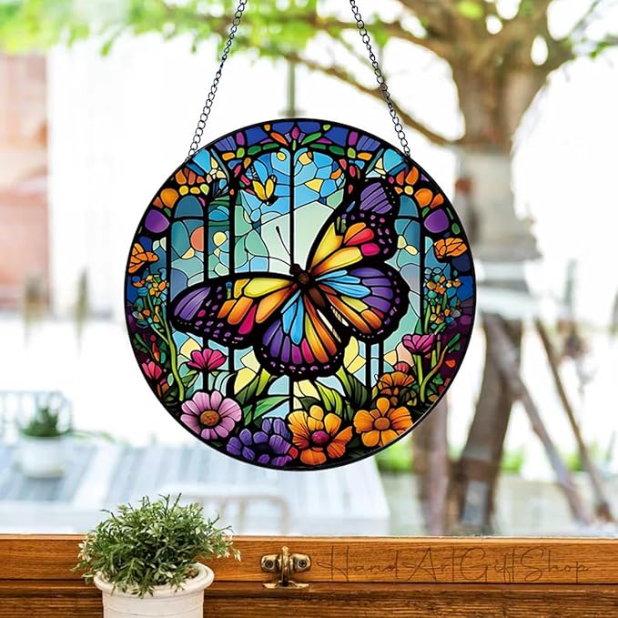 Colorful Butterfly Suncatcher -7.9 in Stained Glass Window Hanging Sun Catcher Garden Decor