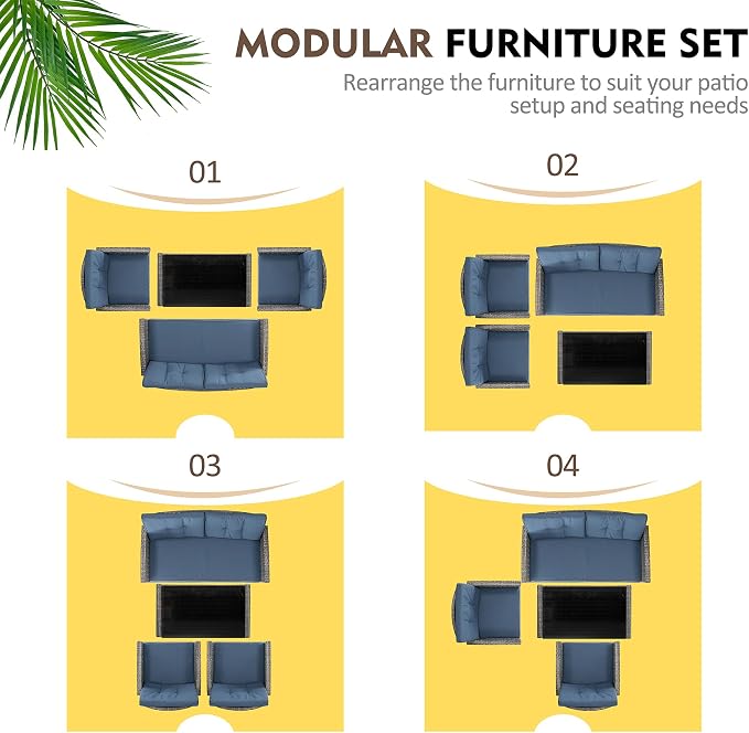 Shintenchi 4 Piece Patio Furniture Set, Outdoor Rattan Conversation Set with Coffee Table, Outside Wicker Sectional Sofa Couch with Cushion, Gray and Blue