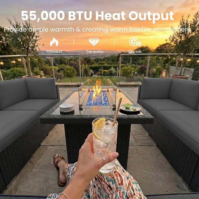 6 Pieces Patio Furniture Set with 44" Propane Gas Fire Pit Table, Outdoor Sectional Wicker Conversation Sofa Sets with Coffee Table