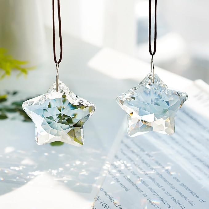 2 Pcs 2 Inch Clear Crystal Star Prism Suncatcher Hanging Decor | Clear Crystal Sun Catcher Prisms Star Shaped Hanging Pendants Set of 2 for Chandelier Patio Garden Window Home Wedding Decor