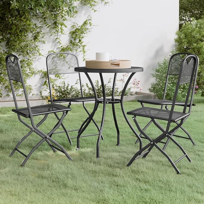 5 Piece Patio Dining Set Expanded Metal Mesh Anthracite Outdoor Metal Table and 4 Folding Chairs with E-Coating Finish for Garden, Deck, Backyard Dining Furniture Set