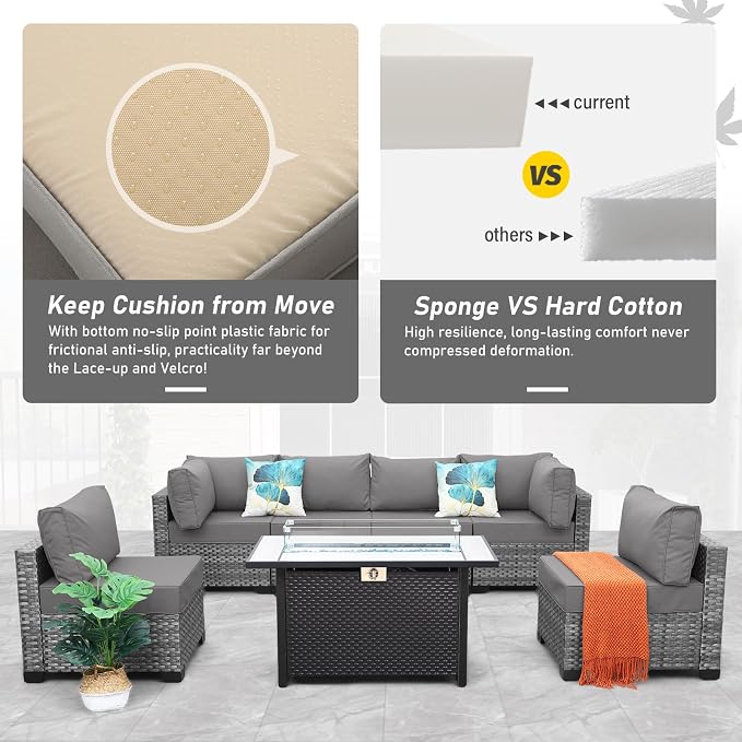 Lviden 7 Pieces Wicker Patio Furniture Set Rattan Outdoor Sectional Conversation Sofa Set with Fire Pit Table Non-Slip Cushions and Furniture Cover, Light Grey