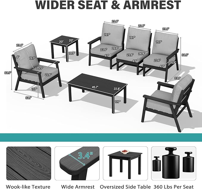 LOUNZY HDPE Outdoor Furinture Set, 7 Piece Sectional Sofa Patio Furniture Set, All Weather Outdoor Couch Set Patio Furniture Set for Deck, Lawn, Black
