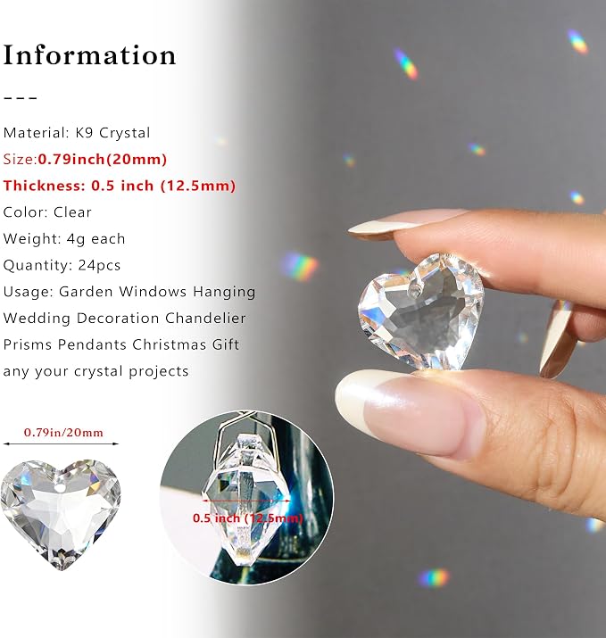 24pcs Small Crystal Heart Prisms Suncatchers 20mm Clear Glass Beads | Rainbow Maker Sun Catchers Chandelier Crystals Drop Parts Glass Christmas Wedding Valentine's Day Decorations Gift