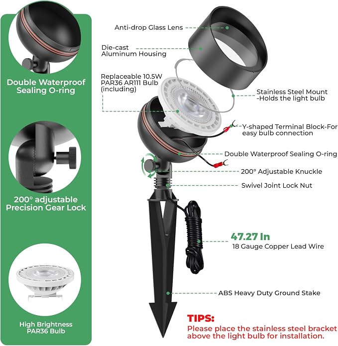 Low Voltage Landscape LED Flood Light, 12V Wide-Angle Outdoor Uplight for Bushes, Tree Canopy, Flagpole and Exterior Wall Washing with 10W 2700K PAR36 Bulb (4 Pack)