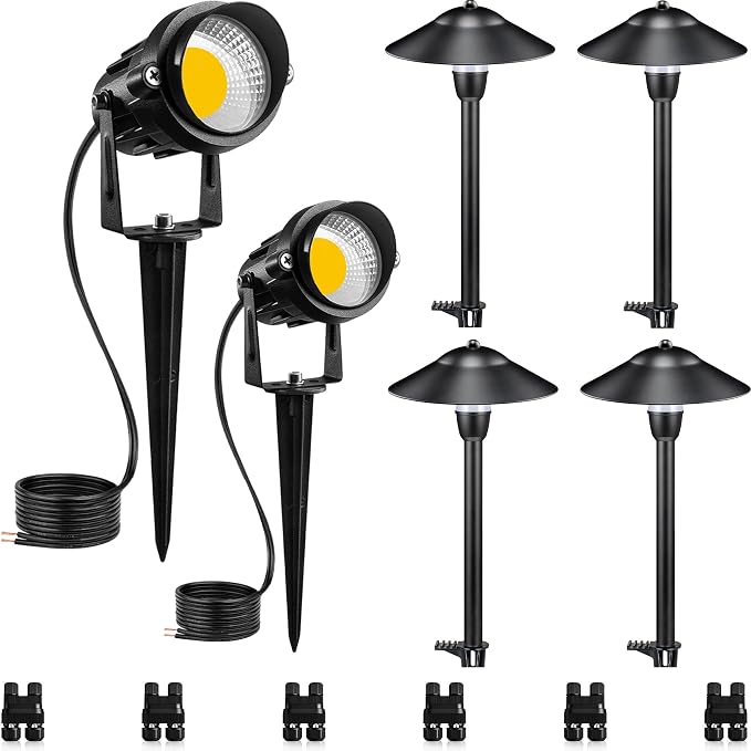 SUNVIE LED Low Voltage Landscape Lighting 12-24V Landscape Lighting Kit with Connectors Aluminum Pathway Lights Wired with Spotlights 3000K Outdoor Pathway Lights Low Voltage for Yard Garden, 6 Pack