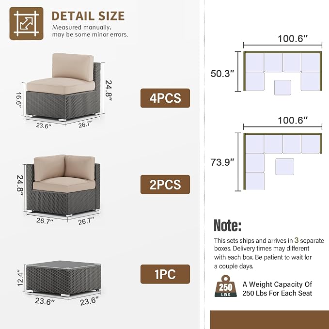 SUNCROWN 7-Piece Outdoor Patio Furniture Sofa Set All-Weather Wicker Sectional Conversation Set with Modern Glass Coffee Table, Cushions and Waterproof Cover, Backyard, Garden, Light Brown