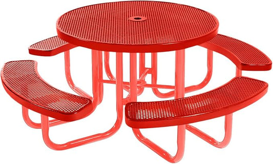 COATEDOUTDOORFURNITURE Heavy-Duty Portable Outdoor Picnic Table with Umbrella Hole, Punched Steel Commercial-Grade Patio Furniture Made in America (46" Round Top, Red with Red Frames)