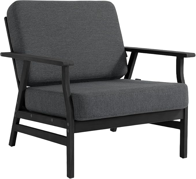 3 Piece Wood Patio Chair Outdoor Bistro Set, Outdoor Armchair All Weather Patio Sofa Furniture Backyard Conversation Sets with Dark Wooden Side Table, Dark Gray