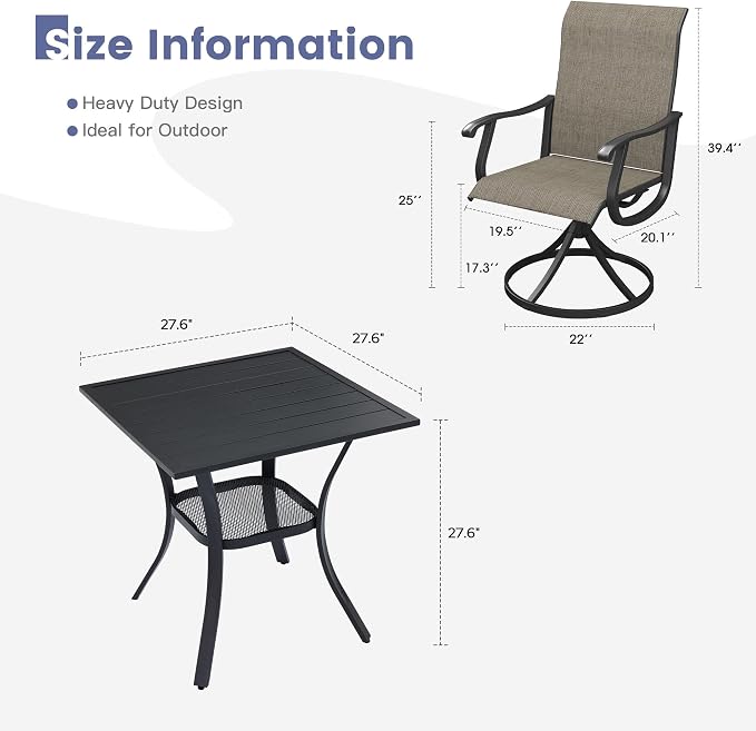 VICLLAX 3 Pieces Outdoor Dining Set, Patio Furniture Set of 2 Patio Swivel Dining Chairs and Small Dining Table with Storage Shelf, Mixed Brown Chairs & Black Tabletop