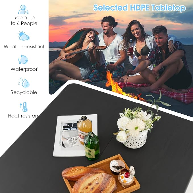 MEDIMALL Outdoor Folding Table, Fold-in-Half Utility HDPE Foldable Table with Metal Legs, Handle, Square Indoor Outdoor Collapsible Dining Table for Camping, Picnic, Party (Grey)