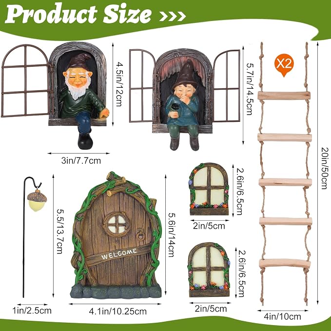 7 Pcs Fairy Garden Accessories Tree Hugger Gnome Statue Tree Faces | Fairy Door Window Set Dwarf Elf Landscape Figurine Out The Door Resin Sculpture Hanging Decor for Trees Outdoor Decor