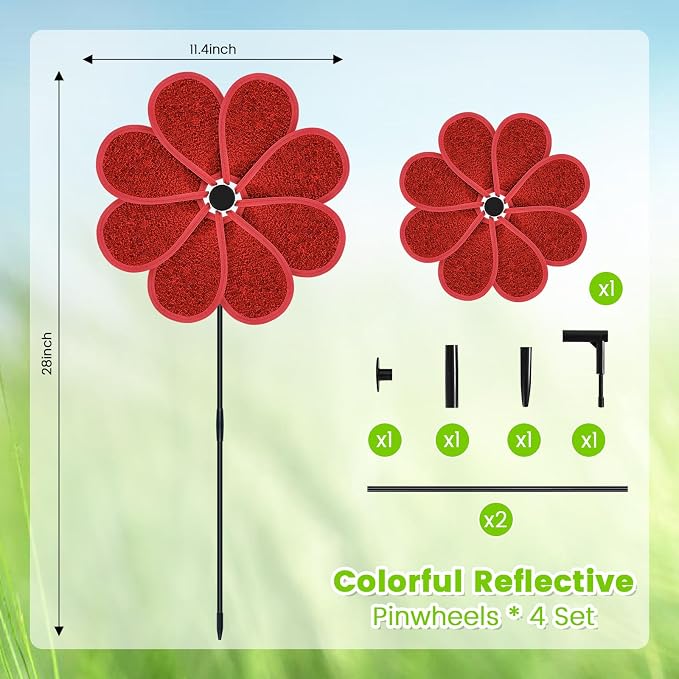 4PCS 11.4" W x 28" H Reflective Pinwheels Sparkly Lawn Wind Spinners Colorful Rainbow Windmill for Garden Decoration Bird Devices Deterrent to Scare Birds Away (Red)