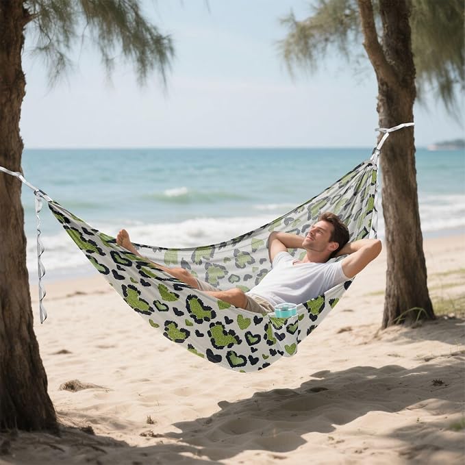 Camping Hammock Outdoor Hammocks for Outside Green Heart Leopard Beach Trees Portable Lightweight with Pockets Tree Straps Indoor