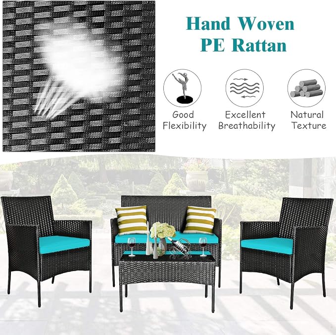 Tangkula 4 Piece Patio Furniture Set, Outdoor Wicker Conversation Set with Tempered Glass Coffee Table, Rattan Loveseat & Chairs Set with Seat Cushions for Backyard, Garden, Poolside (1, Turquoise)