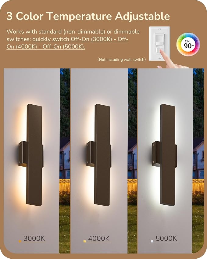 EDISHINE 2 Pack LED Outdoor Wall Lights Dimmable, 15.7" Rectangular Modern Exterior Wall Light, 3CCT, Iron & PC, IP65 Waterproof Outdoor Wall Sconce for Patio, Corridor, Oil Rubbed Bronze