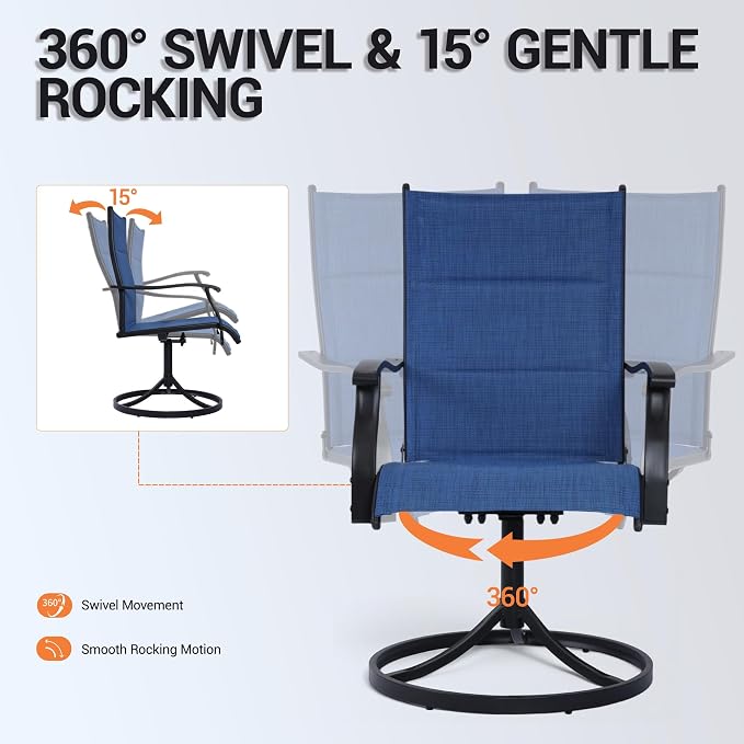 Patio Swivel Rocker Chairs Set of 2,Outdoor Dining Chairs High Back,15° Gentle Rocking Patio Chair with Padded Textilene, Metal Frame for Poolside Lawn Garden,Blue(2 PCS)