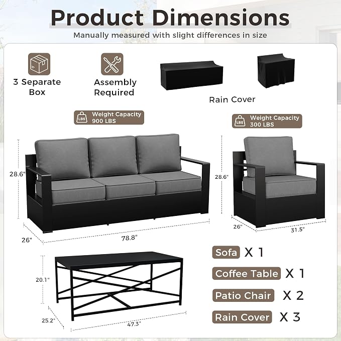 Outdoor Patio Furniture Set, 4-Piece Aluminum Patio Conversation Set All-Weather Metal Outdoor Sectional with 6 Inch Thick Cushions, Deep Setting for Garden, Outside and Porch, Grey