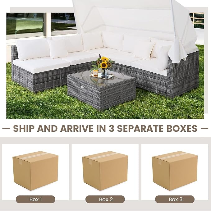 HAPPYGRILL 6-Piece Rattan Wicker Furniture Set with Canopy, Patio Conversation Set with Tempered Glass Coffee Table, Outdoor Sectional Sofa Set for Backyard Poolside