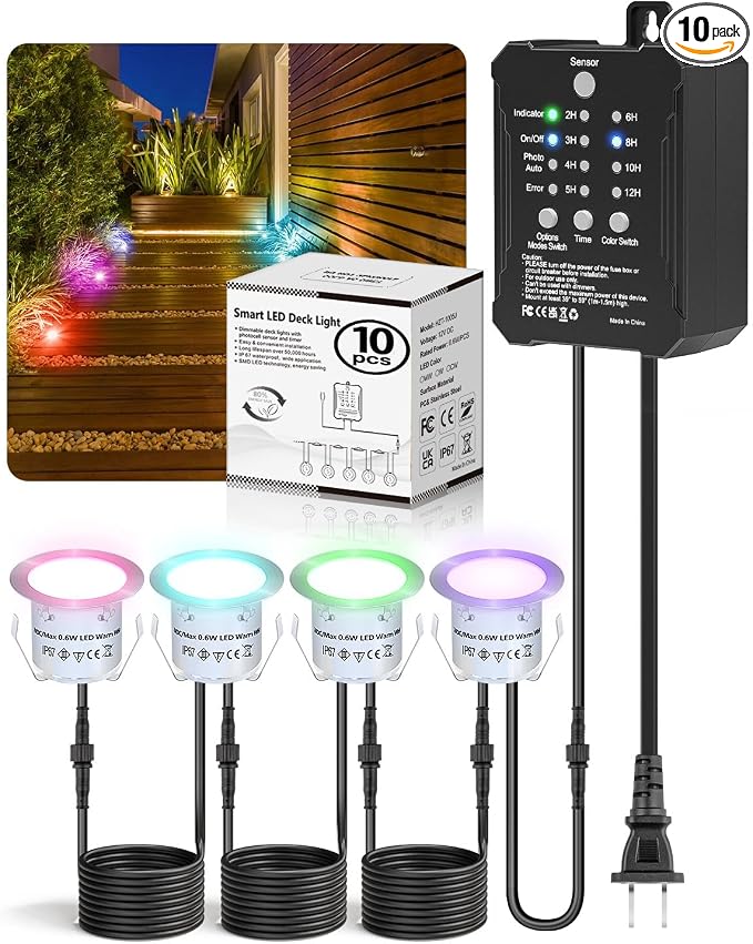 HIBOITEC RGB Deck Lights Kit with Low Voltage Transformer Timer and Photocell Sensor Outdoor IP67 Waterproof for Garden Yard Stair Patio 10 Packs