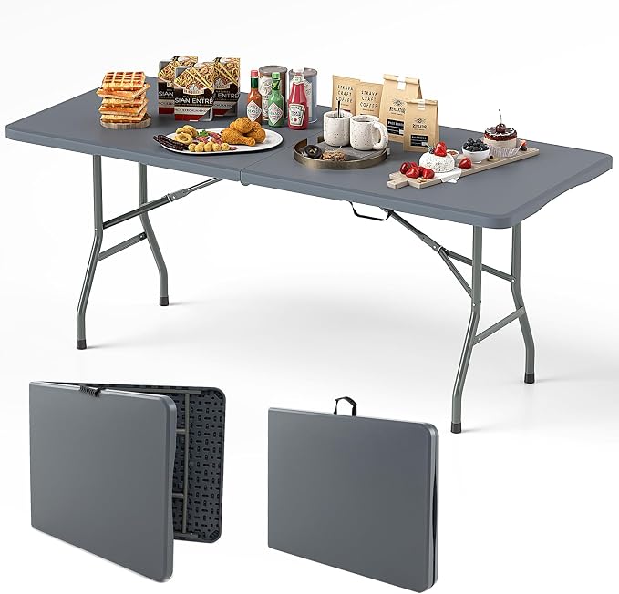 Goplus 6ft Plastic Folding Table, 350 LBS Outdoor Heavy Duty Folding Tables with HDPE Tabletop, Handle, Lock, Foldable Rectangle Portable Utility Card Table for Picnic, Party, Camping, Dining