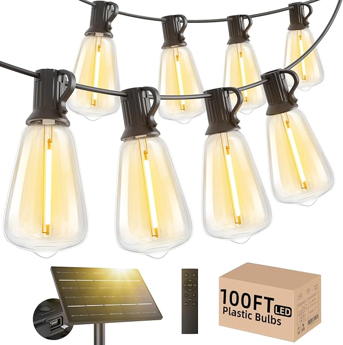 Svater 100 FT Solar Outdoor String Lights with Remote, ST38 Patio Lights Shatterproof Dimmable Vintage Edison Bulbs - Solar Powered Weatherproof Light for Patio, Backyard, Garden, Bistro