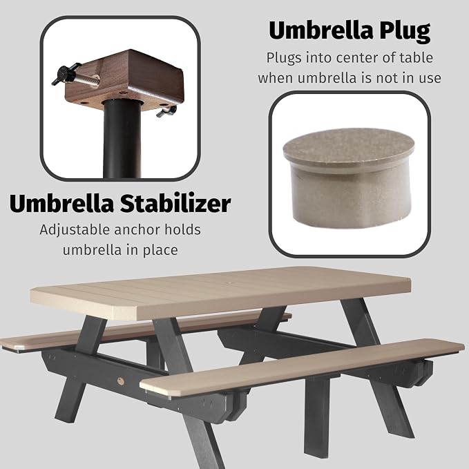 LuxCraft 6 Foot Poly Rectangular Picnic Table - Outdoor Furniture, Dining Height Table with Umbrella Hole, Seats 6 Adults, All Weather - Amish Made in USA (Coastal Gray)