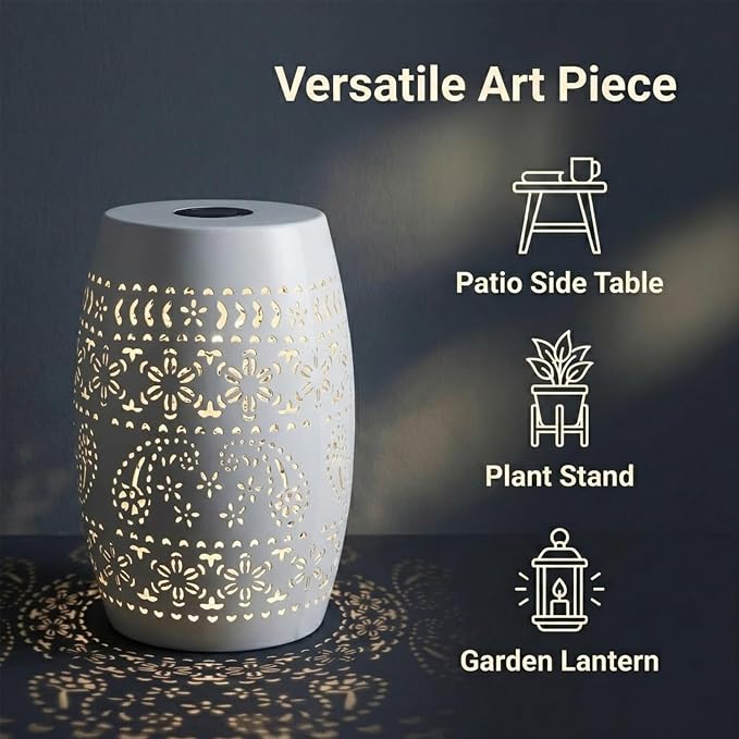 12" Outdoor Solar Side Table, Metal Cutout Drum Side Table, Coffee End Tables, Patio Garden Stool for Small Spaces, Living Room, Backyard, Poolside (1, White + Solar)