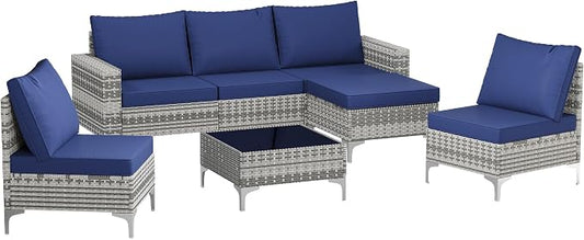 Vikiullf Patio Conversation Sets, Outdoor Furniture Set with Thick Cushions, Wicker Patio Sectional Sofas with Coffee Table for Backyard, Poolside, Garden (Grey & Blue, 7 Pieces)